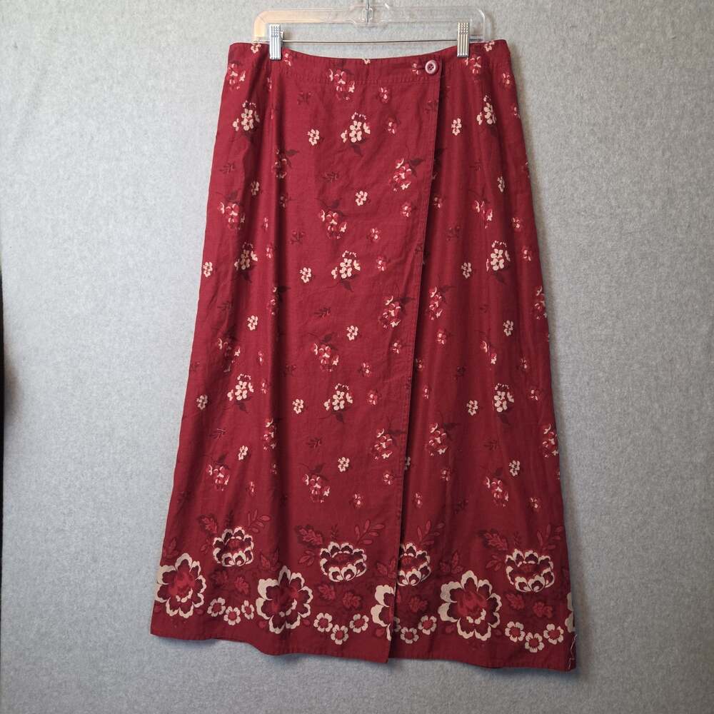 Eddie Bauer Linen Blend Red Floral Button Up Wrap Maxi Skirt Women's 12